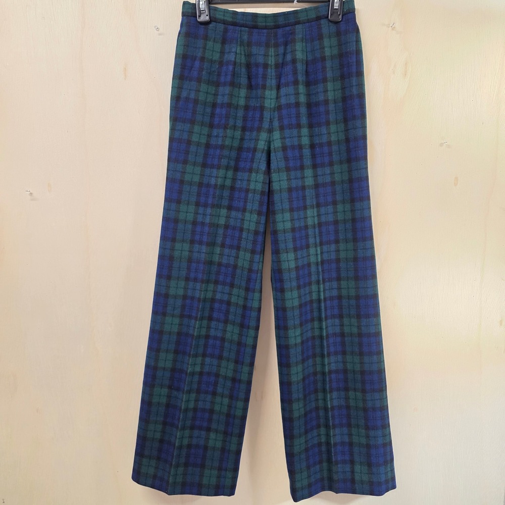 Pendleton Vintage Womens Wool Plaid Pants Black Watch Tartan Wide Leg Size 10